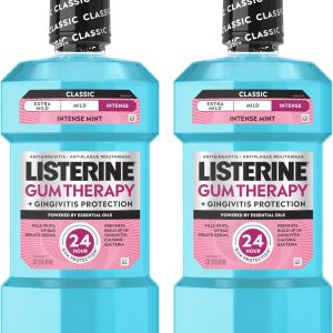 دهانشویه ضد عفونی کننده شدید Listerine Gum Therapy + محافظ از التهاب لثه، شستشوی دهان برای کمک به رفع علائم ژنژیویت اولیه مانند خونریزی لثه و التهاب، ADA پذیرفته شده، نعناع شدید، 1 لیتر x 2
