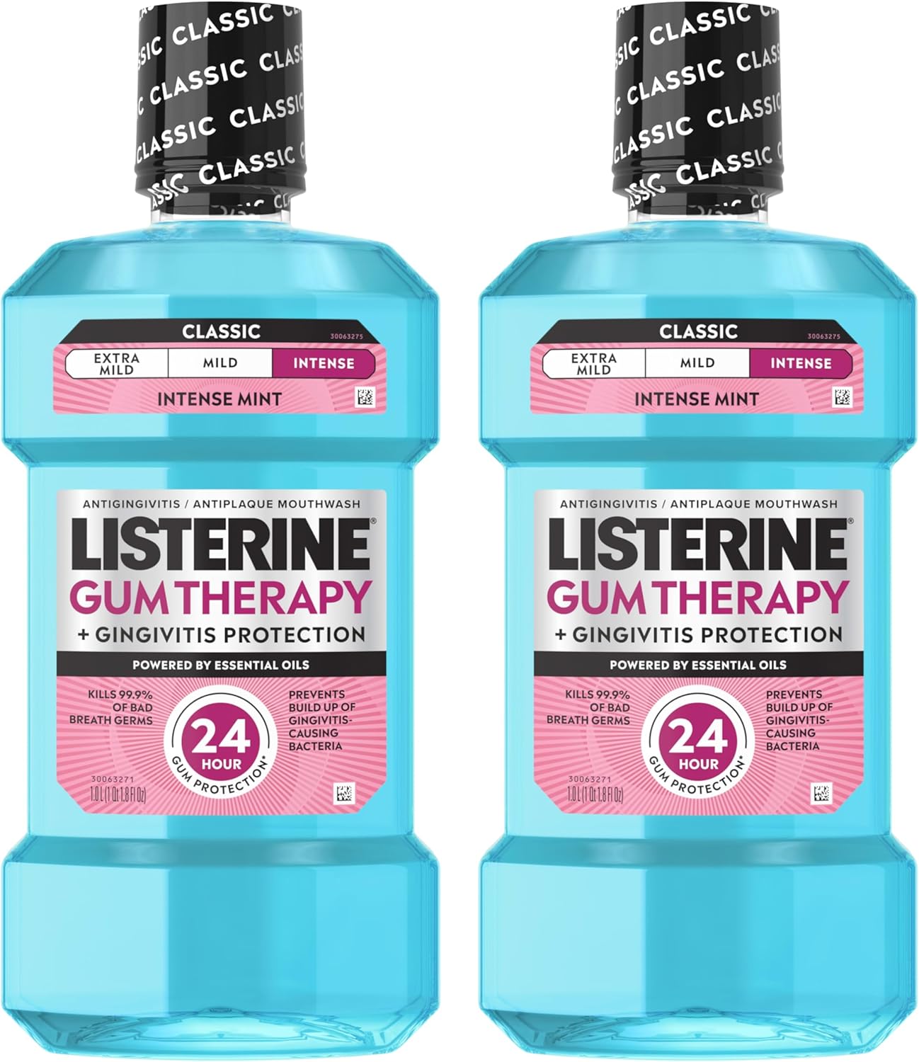 دهانشویه ضد عفونی کننده شدید Listerine Gum Therapy + محافظ از التهاب لثه، شستشوی دهان برای کمک به رفع علائم ژنژیویت اولیه مانند خونریزی لثه و التهاب، ADA پذیرفته شده، نعناع شدید، 1 لیتر x 2