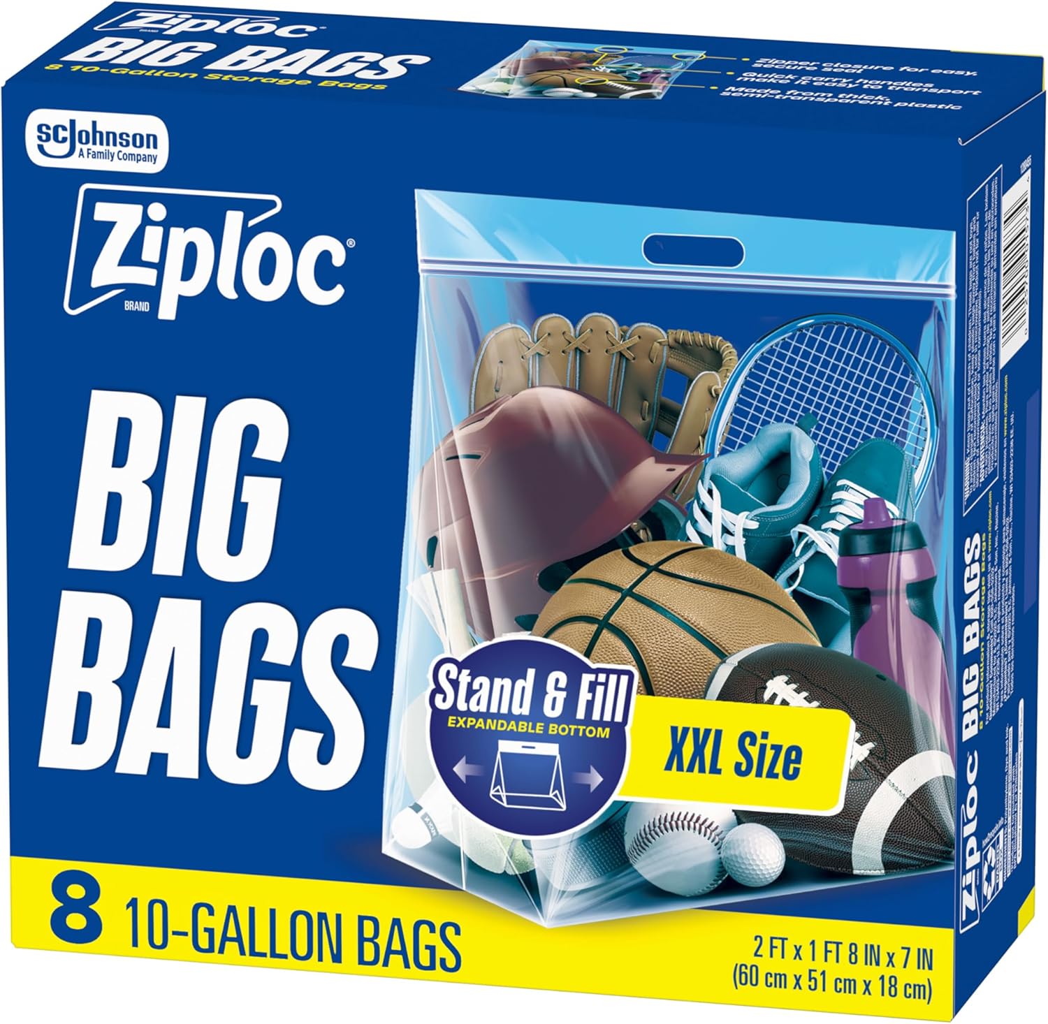 کیسه های بزرگ Ziploc® 10 گالن XXL، کیسه های پلاستیکی با ظرفیت بزرگ قابل استفاده مجدد، 8 عدد