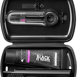 ست مسافرتی Curaprox Black Is White، مسواک مسافرتی Ultra Soft CS 5460، خمیر دندان فلوراید سفید کننده دندان 10 میلی لیتری Black Is White با کربن فعال، برس بین دندانی CPS Prime 07 و 09