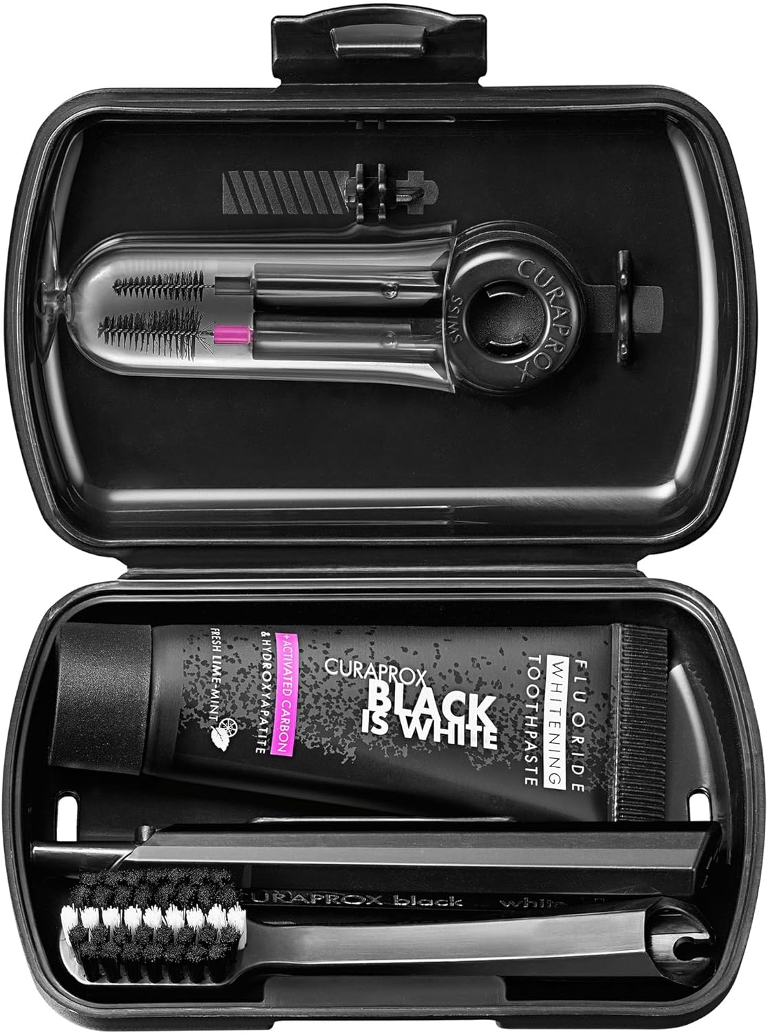 ست مسافرتی Curaprox Black Is White، مسواک مسافرتی Ultra Soft CS 5460، خمیر دندان فلوراید سفید کننده دندان 10 میلی لیتری Black Is White با کربن فعال، برس بین دندانی CPS Prime 07 و 09