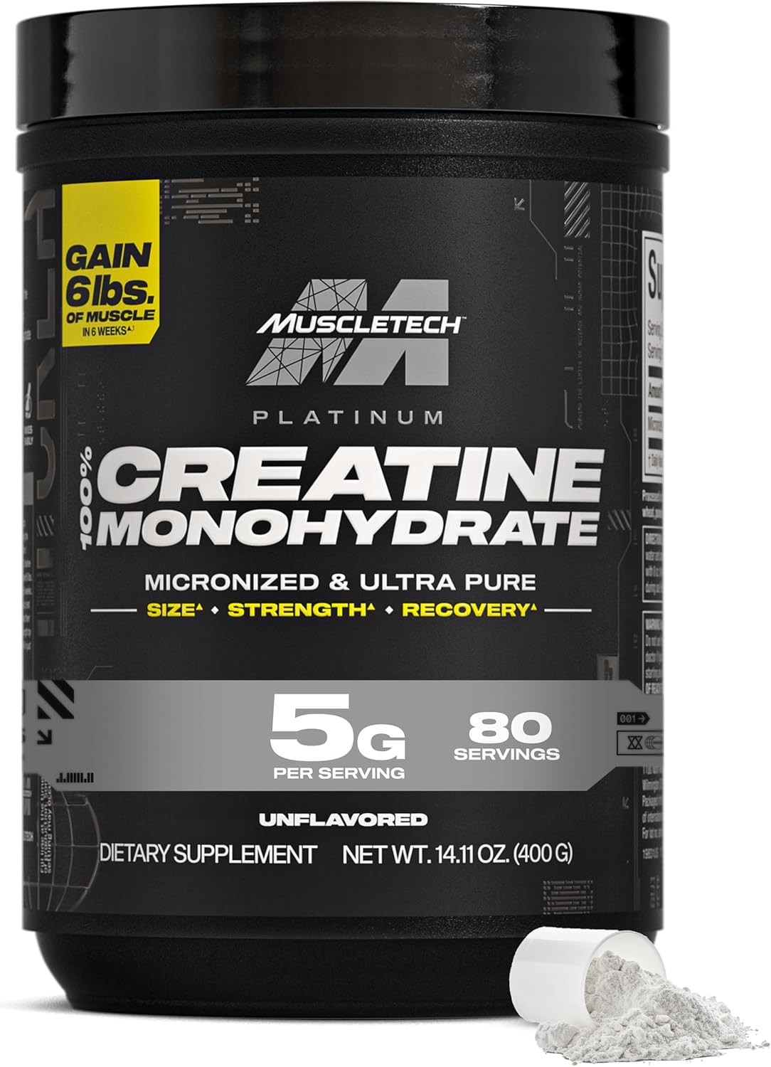 MuscleTech | پلاتین | پودر کراتین مونوهیدرات | میکرونیزه خالص | مکمل های ورزشی ریکاوری + ساز برای مردان و زنان | بدون طعم | 400 گرم | 80 وعده