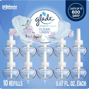 Glade PlugIns، خوشبو کننده هوا، روغن‌های معطر و ضروری برای خانه و حمام، کتانی تمیز، 6.7 فلون اوزی، 10 تعداد (بسته‌بندی ممکن است متفاوت باشد) دوباره پر می‌کند.