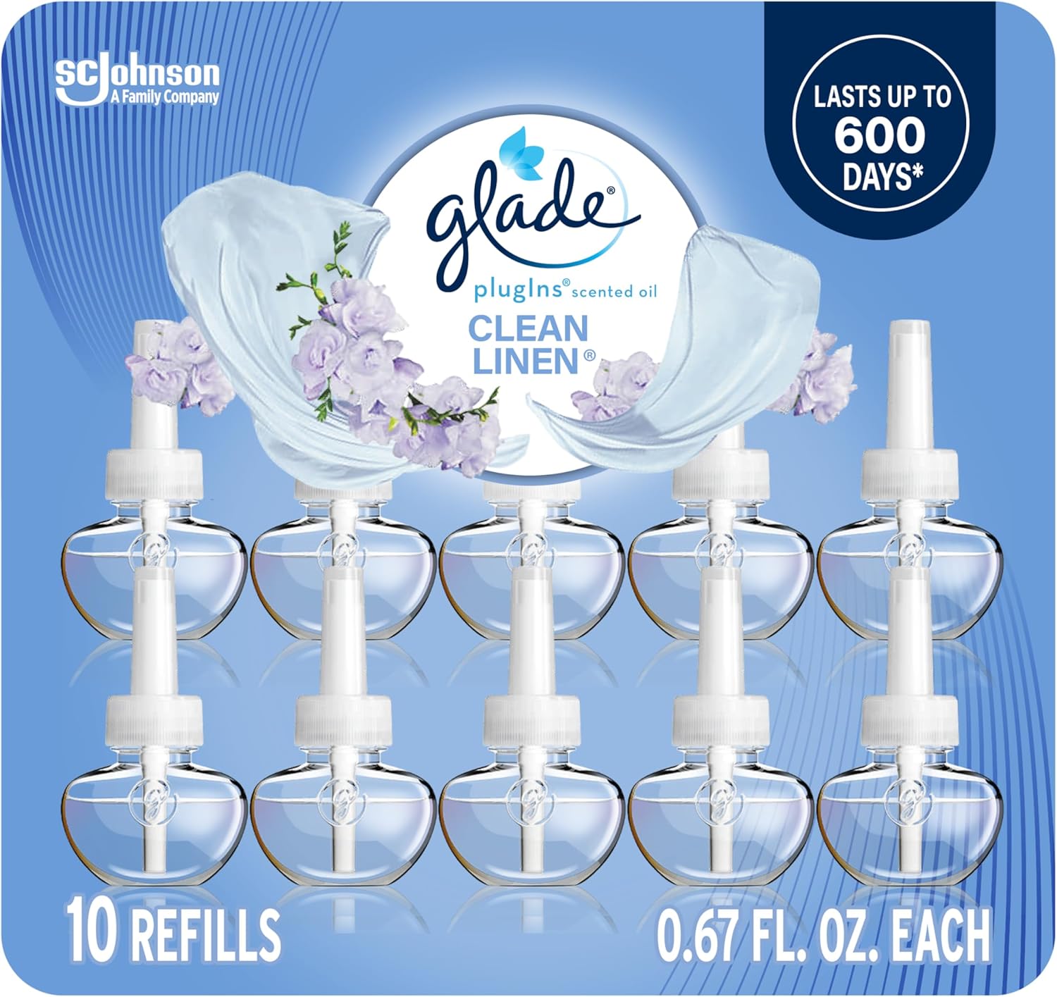 Glade PlugIns، خوشبو کننده هوا، روغن‌های معطر و ضروری برای خانه و حمام، کتانی تمیز، 6.7 فلون اوزی، 10 تعداد (بسته‌بندی ممکن است متفاوت باشد) دوباره پر می‌کند.
