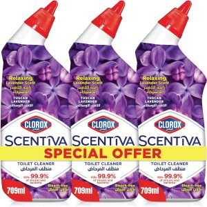 پاک کننده توالت فرنگی کلروکس Scentiva بسته سه گانه 709 میلی لیتری، اسطوخودوس توسکانی، بدون سفید کننده، 99.9 درصد از ویروس ها و باکتری ها را از بین می برد.