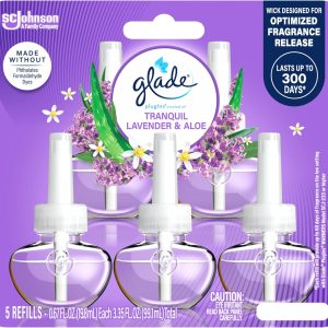 Glade PlugIns دوباره پر می کند خوشبو کننده هوا، اسانس های معطر و ضروری برای خانه و حمام، اسطوخودوس آرام و آلوئه، 3.35 فلور اوز، 5 شمارش