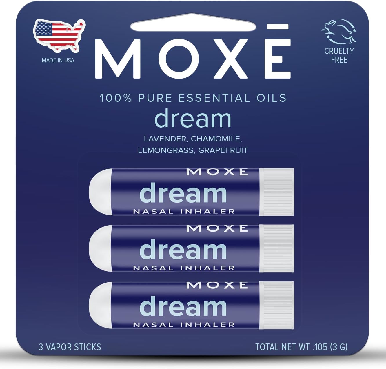 MOXĒ رویای استنشاق بینی، ترکیب اسانس، آرام بخش، آرامش بخش، تسکین استرس طبیعی، عطر تسکین دهنده، اسطوخودوس، بابونه، علف لیمو، گریپ فروت، ساخت ایالات متحده آمریکا (3)