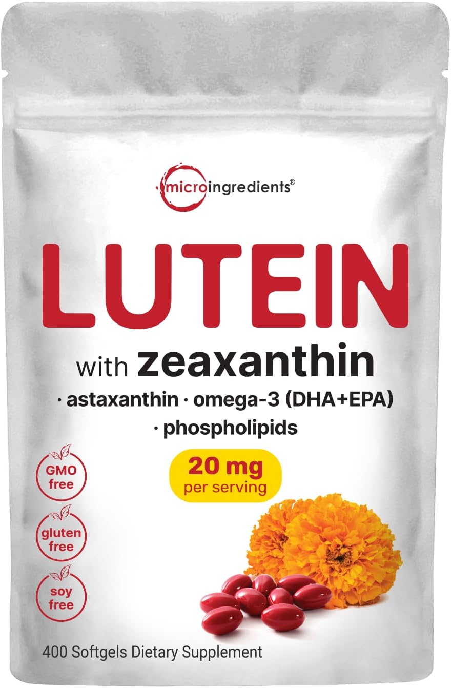 Toeah Micro Ingredients Lutein & Zeaxanthin 20mg Softgels, 400 Count, با آستاگزانتین، امگا 3 و فسفولیپیدها | ویتامین های سلامت چشم + بینایی | آزمایش شده توسط شخص ثالث، غیر GMO، بدون گلوتن