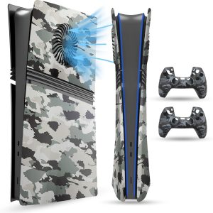 صفحه PEYANZ برای PS5 Pro (نسخه دیجیتال)، صفحه پوشش، پوسته ABS، پوسته مات، با 2 کنترلر اضافی پوشش سیلیکونی (Camo+)