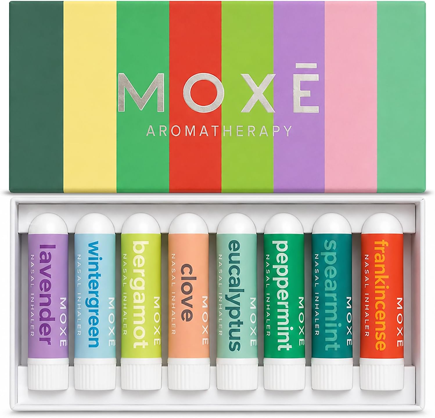 بسته نرم افزاری استنشاقی بینی MOXĒ، 8 روغن ضروری، 100% خالص و رقیق نشده، درجه درمانی، رایحه درمانی قابل حمل بدون آشفتگی، شامل اکالیپتوس، نعناع فلفلی، اسطوخودوس، درخت چای، ساخت ایالات متحده آمریکا (بسته 8 عددی)