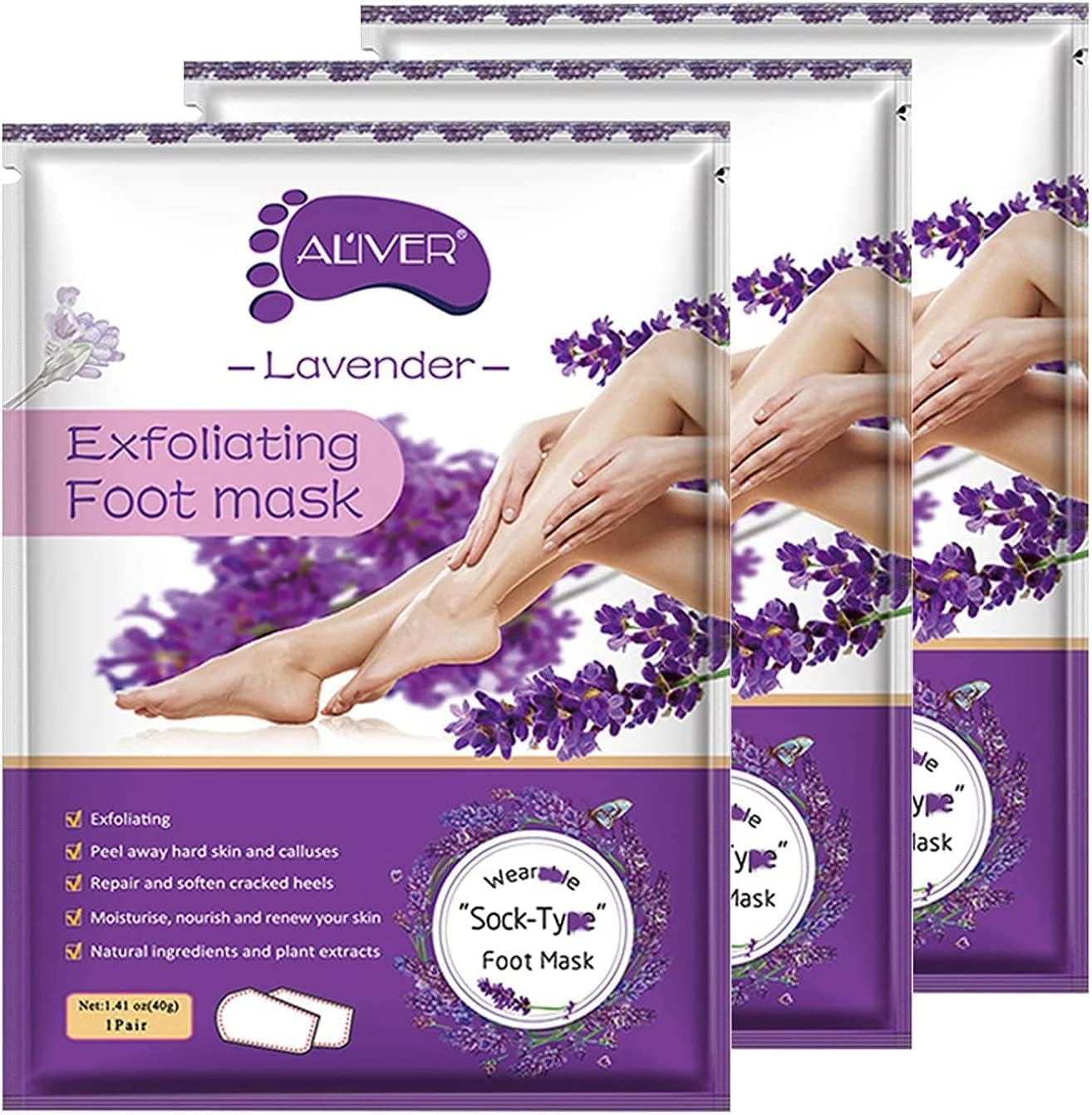پک 3 ماسک لایه برداری پا ALIVER، ماسک های لایه بردار پا، لایه بردار اسطوخودوس برای پینه، پوست مرده، ترمیم کننده پاشنه های زبر زنانه مردانه