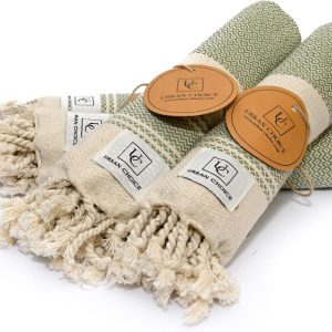 URBAN CHOICE حوله دستی ترکی با حلقه آویز (18 اینچ در 38 اینچ)، مجموعه 2 عددی حوله دستی تزئینی چند منظوره، پیش شسته شده برای حمام، دست، آشپزخانه، صورت، یوگا، باشگاه، چای (سبز زیتونی، الماس – بسته 4 عددی)