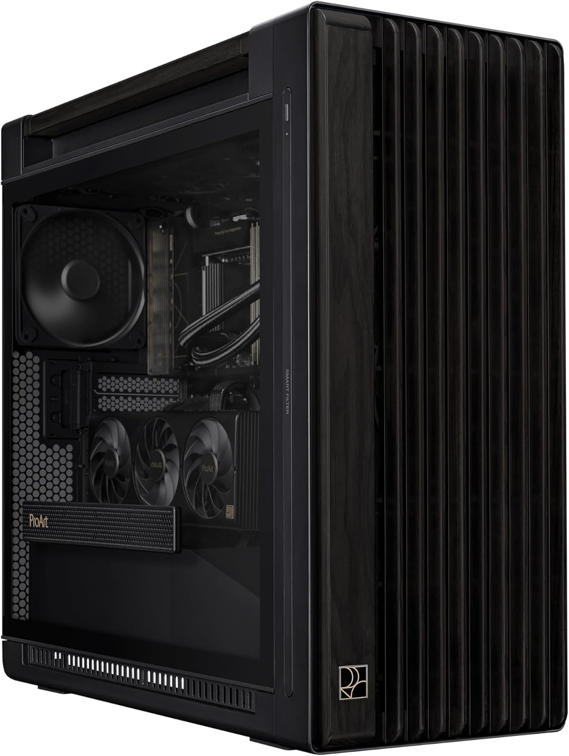 قاب کامپیوتر ASUS ProArt P602 Wood Edition Mid Tower، 2 عدد فن جلویی 200 میلی متری و 140 میلی متری از قبل نصب شده، رادیاتور تا 420 میلی متر و پشتیبانی از فن 6 برابر، محافظ در برابر گرد و غبار، پنل شیشه ای مقاوم - مشکی