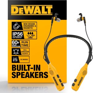 هدفون بلوتوث گردنی 2 در 1 DEWALT Heavy Duty با بلندگوهای داخلی، بلندگوی پوشیدنی و هدفون دور گردنی، هدست بلوتوث بی‌سیم، موسیقی/تماس بدون دست 60 ساعت، کیف حمل