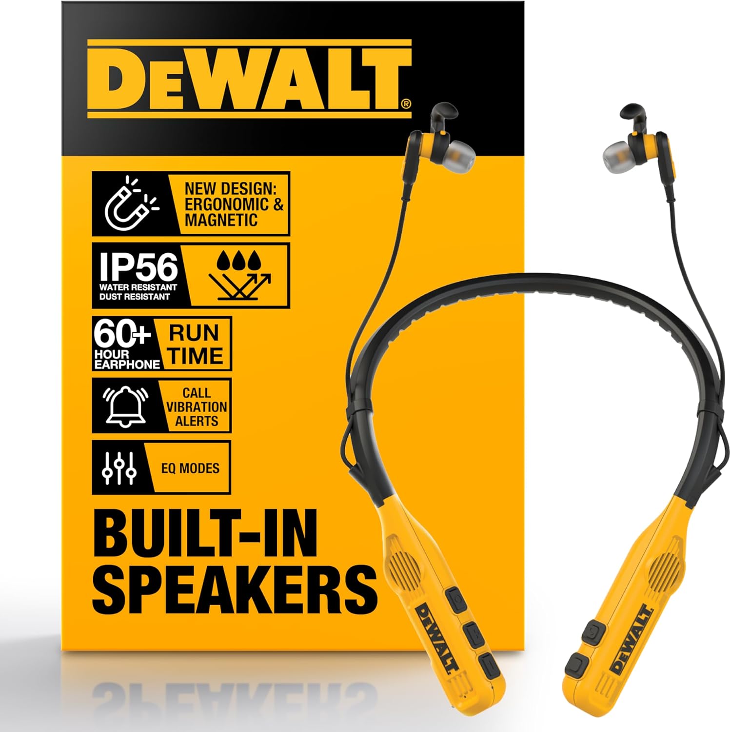 هدفون بلوتوث گردنی 2 در 1 DEWALT Heavy Duty با بلندگوهای داخلی، بلندگوی پوشیدنی و هدفون دور گردنی، هدست بلوتوث بی‌سیم، موسیقی/تماس هندزفری بیش از 60 ساعت، کیف حمل