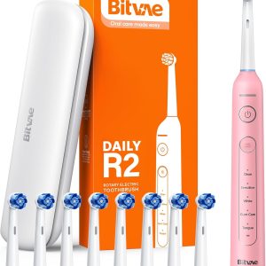 مسواک برقی دوار بزرگسالان Bitvae R2 با سنسور فشار | 8 سر برس، کیف مسافرتی، 5 حالت، برق قابل شارژ، باتری 30 روزه، تایمر هوشمند 2 دقیقه ای، IPX7 ضد آب، صورتی