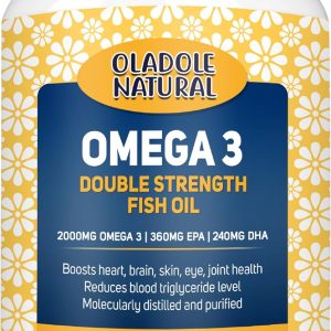Oladole Natural Omega-3 Fish Oil 2000mg – 200 Softgels | 360mg EPA & 240mg DHA | ژل های نرم تقطیر شده مولکولی با قدرت بالا برای حمایت از قلب، مغز، مفاصل، چشم و پوست | بدون گلوتن، غیر GMO (360 میلی گرم)