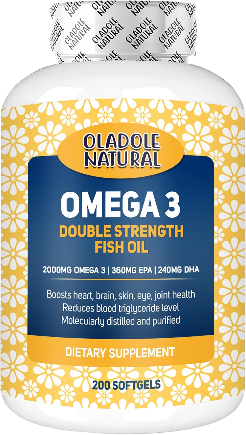 Oladole Natural Omega-3 Fish Oil 2000mg - 200 Softgels | 360mg EPA & 240mg DHA | ژل های نرم تقطیر شده مولکولی با قدرت بالا برای حمایت از قلب، مغز، مفاصل، چشم و پوست | بدون گلوتن، غیر GMO (360 میلی گرم)