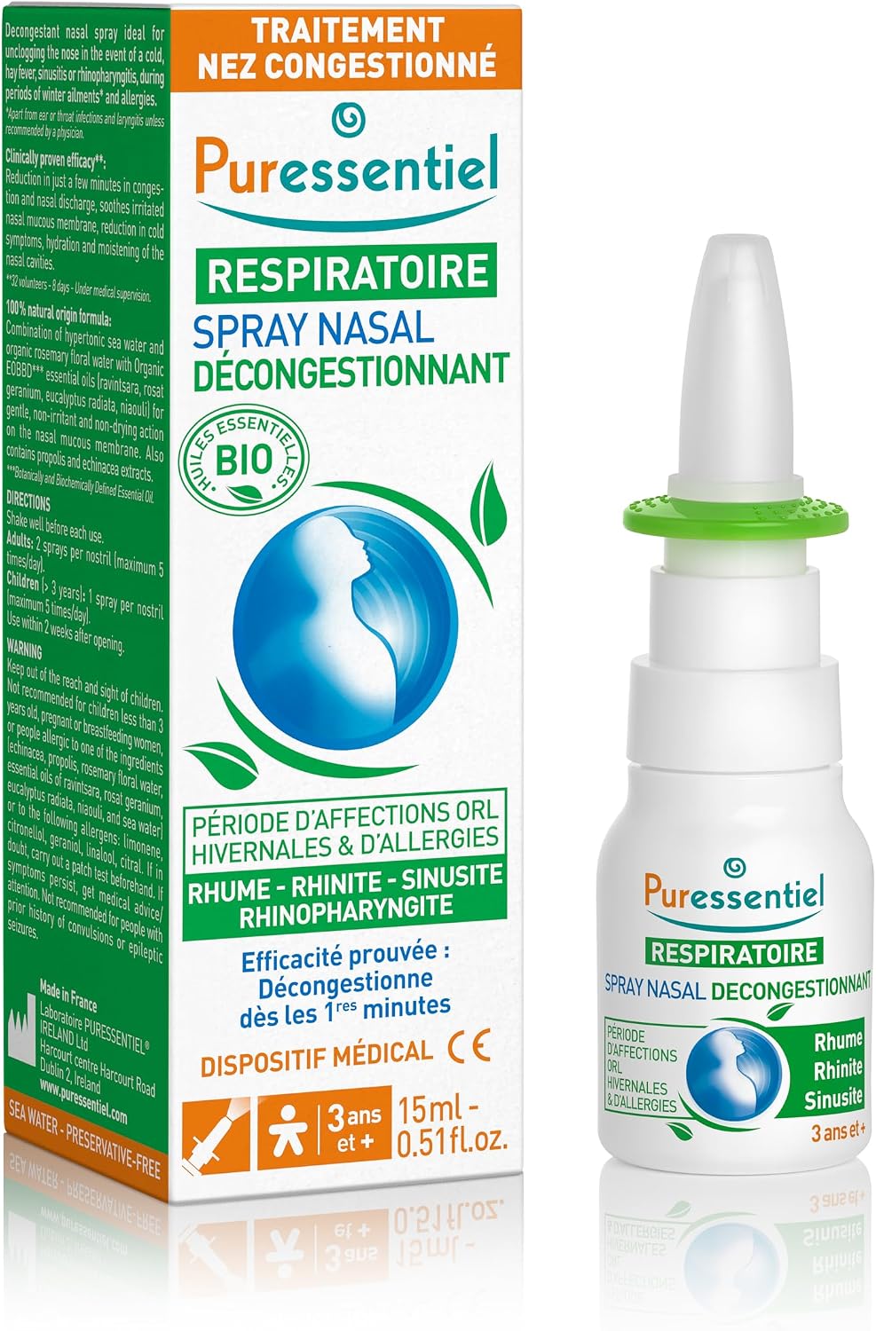اسپری بینی هیپرتونیک Puressentiel 15 میلی لیتر - رفع احتقان - عمل فوری - گرفتگی بینی، سرماخوردگی، تب یونجه، آلرژی، سینوزیت - 100% طبیعی، EUcalyptus، آب دریا، بره موم و اکیناسه