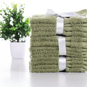 پارچه های لوکس ساده شستشو – ست 12 تکه، 33 × 33 سانتی متر، 500 GSM، حوله صورت پنبه ای فوق العاده نرم و با جذب بالا برای حمام، اسپا و باشگاه – خشک شدن سریع و بادوام (زیتونی)