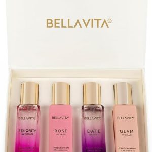 ست کادویی لوکس عطر زنانه BellaVita | شامل عطرهای DATE، Senorita، GLAM، ROSE | رایحه های گلی، میوه ای و خوش طعم با ماندگاری طولانی | ست هدیه زنانه | مجموعه ویژه زنانه (4x20ml)