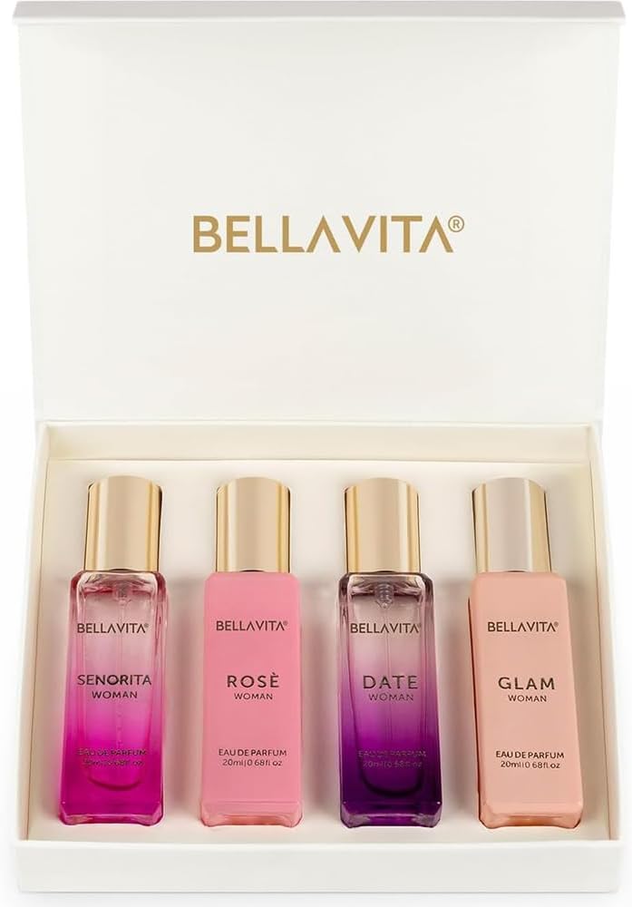 ست کادویی لوکس عطر زنانه BellaVita | شامل عطرهای DATE، Senorita، GLAM، ROSE | رایحه های گلی، میوه ای و خوش طعم با ماندگاری طولانی | ست هدیه زنانه | مجموعه ویژه زنانه (4x20ml)