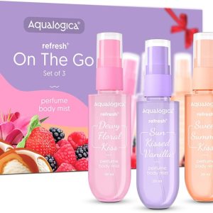 ست عطر بادی میست Aqualogica Refresh+ On The Go – رایحه میوه ای، گلی، وانیلی گرم | سبک وزن، بادوام، غیر چسبنده، مه پاش مو و بدن یونیسکس، بسته هدیه لوکس مناسب سفر، 20 میلی لیتر x3