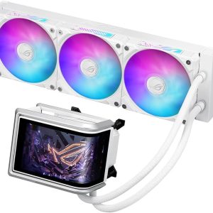 خنک کننده سی پی یو مایع ASUS ROG RYUO IV 360 ARGB سفید با صفحه نمایش 6.67 اینچی AMOLED خمیده برای فیلم های سه بعدی، فن های ARGB از پیش مونتاژ شده، پمپ Asetek Emma Gen8 V2، خمیر حرارتی
