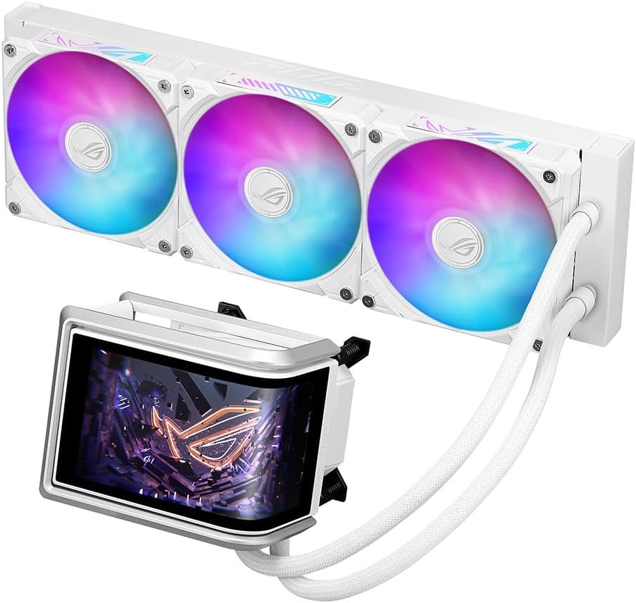 خنک کننده سی پی یو مایع ASUS ROG RYUO IV 360 ARGB سفید با صفحه نمایش 6.67 اینچی AMOLED خمیده برای فیلم های سه بعدی، فن های ARGB از پیش مونتاژ شده، پمپ Asetek Emma Gen8 V2، خمیر حرارتی