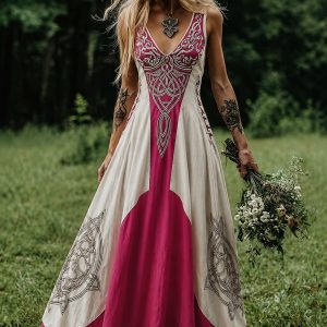 لباس مجلسی ماکسی با گره سلتیک صورتی بژ زنانه یقه بدون آستین
