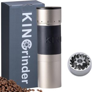 آسیاب قهوه دستی KINGrinder K6 با دسته خم برای فرنچ پرس، قطره‌ای، اسپرسو با قوام مونتاژ، آسیاب مخروطی فولادی ضد زنگ، ظرفیت 35 گرم (نقره‌ای)