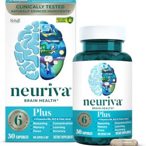 مکمل مغز NEURIVA Plus برای حافظه و تمرکز تست شده بالینی Nootropics برای تمرکز برای وضوح ذهنی، ویتامین های تقویت شناختی B6، B12، فسفاتیدیل سرین 30 کپسول | مکمل های مغز برای حافظه و تمرکز، فسفاتیدیل سرین، ویتامین B12، ویتامین B6، نوروفکتور، نوتروپیک بدون کافئین