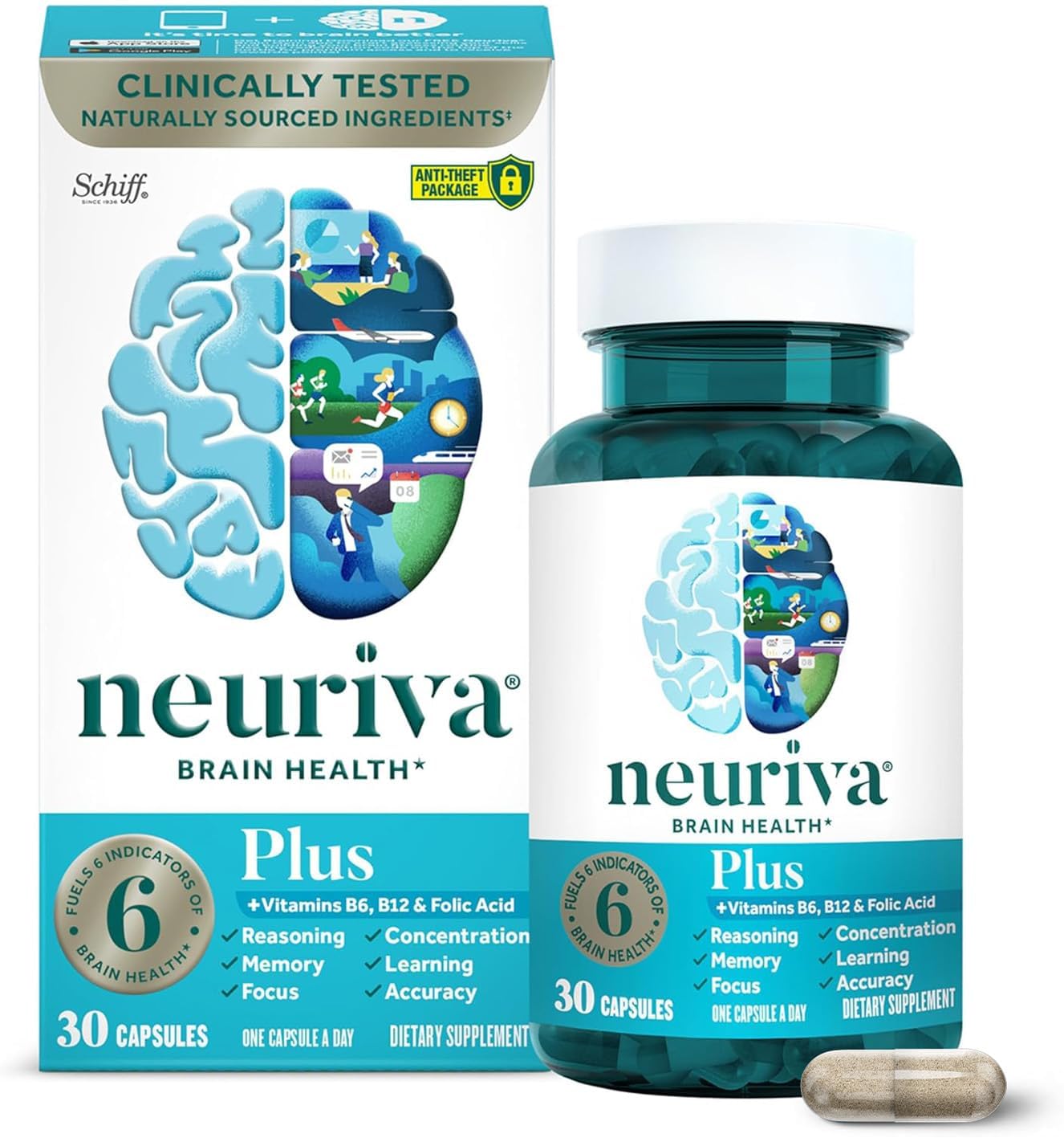 مکمل مغز NEURIVA Plus برای حافظه و تمرکز تست شده بالینی Nootropics برای تمرکز برای وضوح ذهنی، ویتامین های تقویت شناختی B6، B12، فسفاتیدیل سرین 30 کپسول | مکمل های مغز برای حافظه و تمرکز، فسفاتیدیل سرین، ویتامین B12، ویتامین B6، نوروفکتور، نوتروپیک بدون کافئین