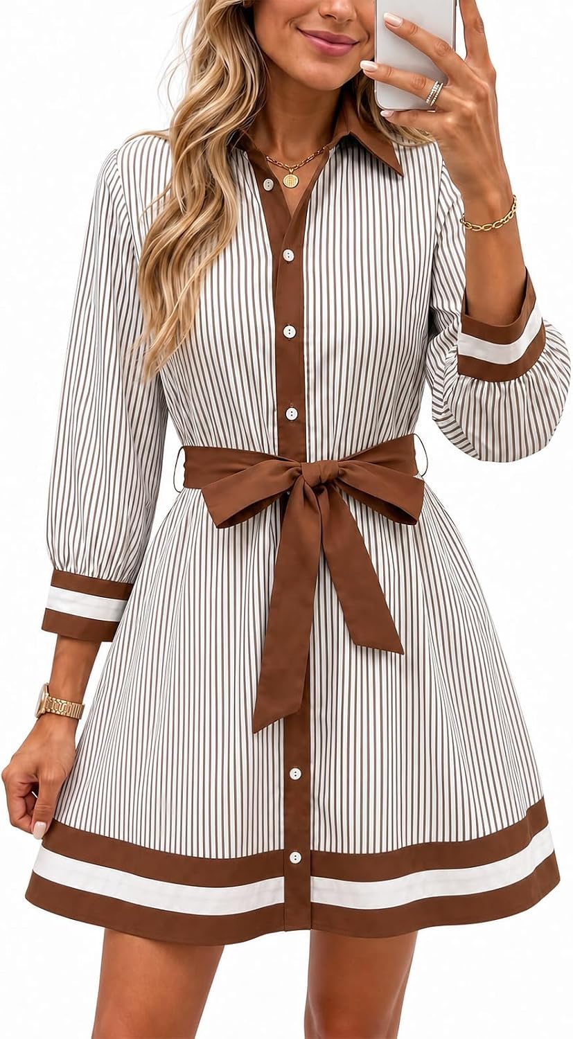 پیراهن راه راه زنانه ونرین لباس یقه دکمه دار یک لباس کوتاه خطی | آستین 3/4، یقه V یقه، گشاد، بلوک رنگی، کمر بند، غیررسمی، تعطیلات، پاییز بهار، لباس های کوتاه، جیب دار