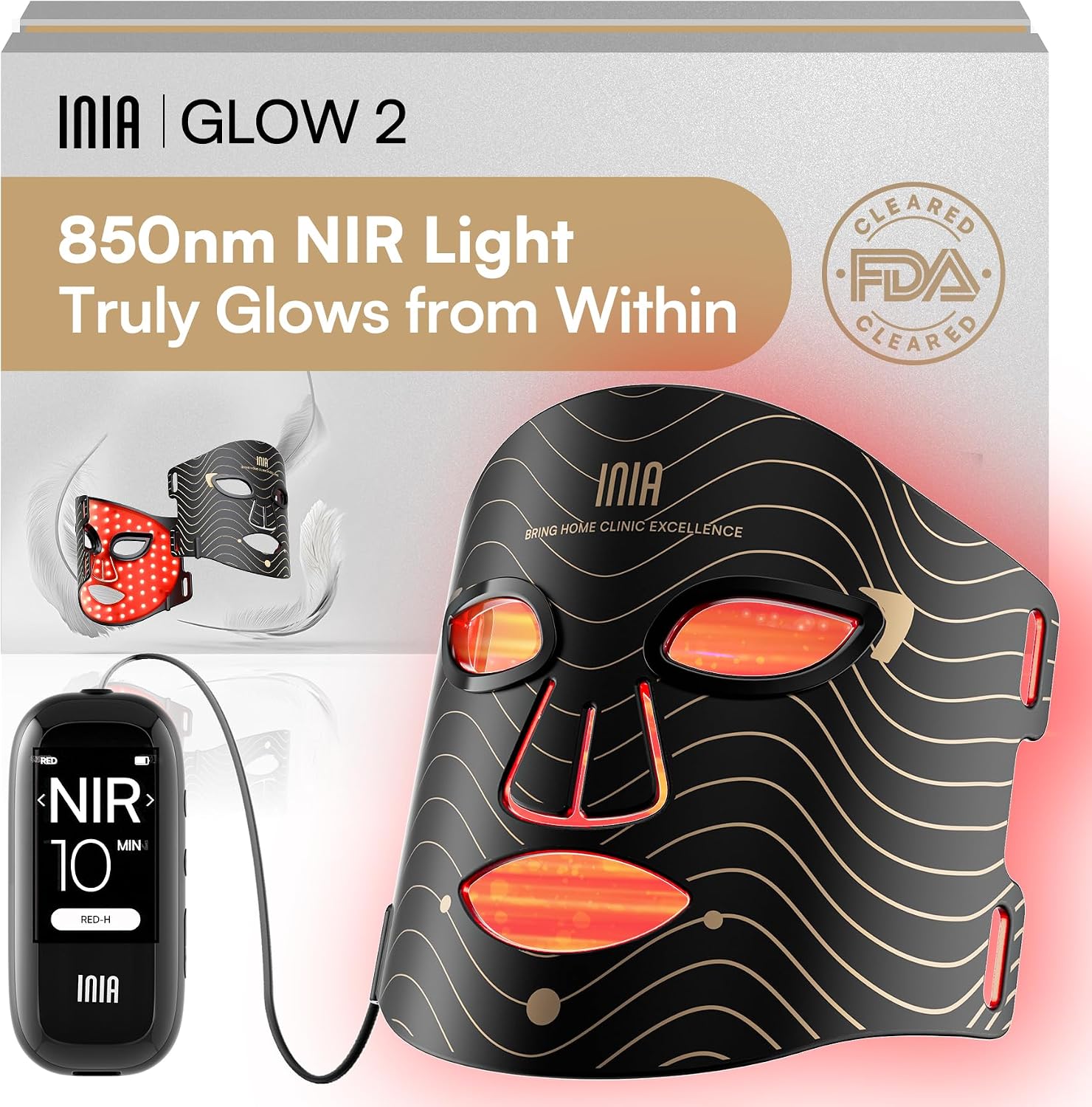 ماسک درمان با نور قرمز INIA برای صورت، NIR 850 نانومتری، نور LED قرمز/آبی 4 حالت | نتایج قابل مشاهده فقط در 4 هفته، 220 LED، خروجی 105mW/cm²، باتری قابل شارژ 2600mAh، تایمر 10-30 دقیقه، خاموش شدن خودکار
