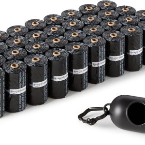 کیسه های مدفوع سگ آمازون Basics با توزیع کننده و گیره افسار، بدون بو، استاندارد، تعداد 600، 40 بسته 15 تایی، مشکی، 33 x 22.8 سانتی متر