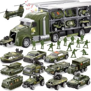 JOYIN 25 in 1 Military Kids Truck اسباب بازی برای سن 3+، اسباب بازی های کودکان پسر، مجموعه تانک های ارتشی با مردان سرباز، اتومبیل های مینی نبرد در کامیون حامل با چراغ و صدا، هدیه برای نوه ها