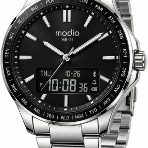 ساعت هوشمند مردانه Modio MR-71، نمایشگر هیبریدی آنالوگ-دیجیتال گرد، ردیابی ضربان قلب و فعالیت، اعلان‌های بلوتوث، 2 گزینه بند، نقره‌ای